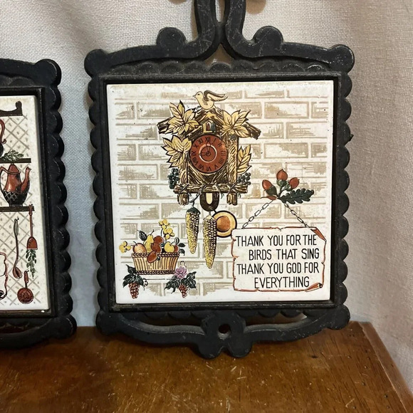 1970's Japan Wall Tile Trivet Cast Iron "Thank You" Prayer Set Antique Vintage - Picture 2 of 8